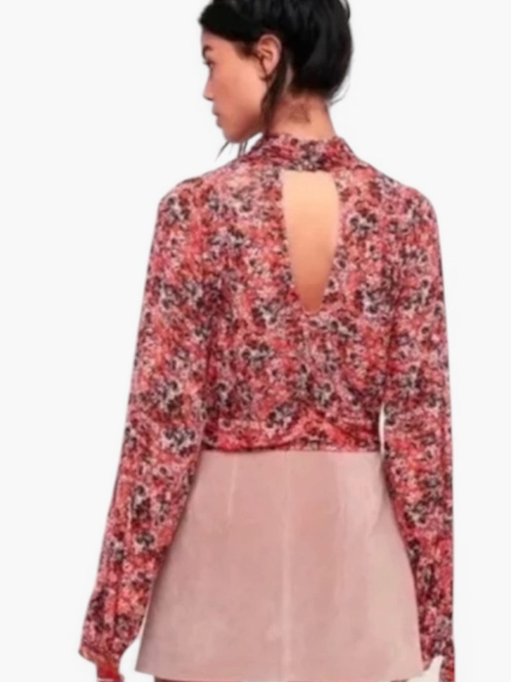 Free People All Dolled Up Top Red Combo Open Back Sheer Tie Cuffs Size Medium - Picture 2 of 13